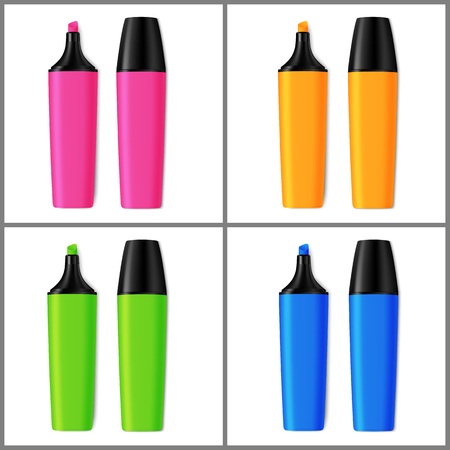 Set of Realistic Colorful Markers Isolated on White Background. School Supplies Blue, Green, Pink, Yellow, Highlighters.のイラスト素材