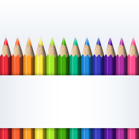 Template for Cover of Box of Colored Pencils. Straight Line of Bright Realistic Colorful Pencils.のイラスト素材
