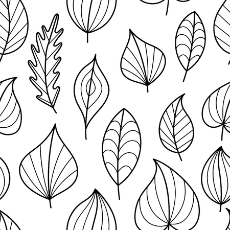 Coloring Page Seamless Pattern with Fall. Black and White Contour Leaves for Coloring Book.のイラスト素材