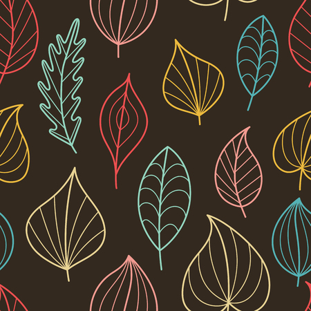 Creative Seamless Pattern with Fall on Dark Backdrop. Doodle Art Contour Leaves. Continued Background for Cloth, Fabric, Textile, Tissue.のイラスト素材