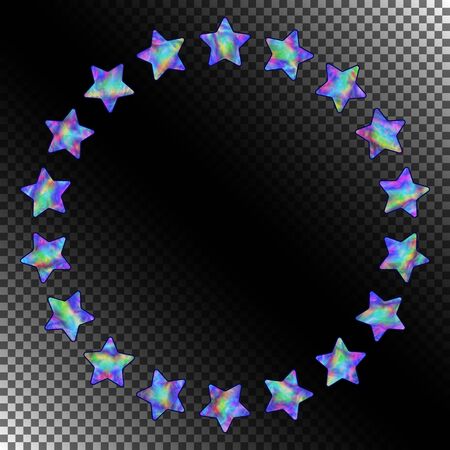 Abstract Round Frame of Stars with Realistic Holographic Effect. Isolated Asterisks in form Circle on Transparent Background.のイラスト素材
