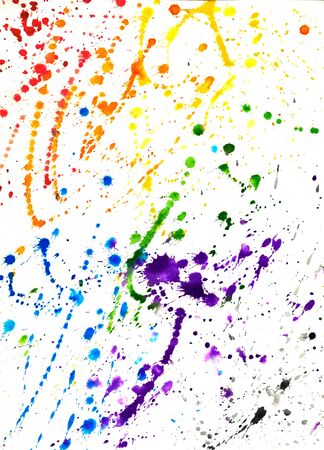 Abstract Colorful Hand Drawn Background of Watercolor Splash. Colored Aquarelle Spots on Wet Paper. Creative Composition of Rainbow Watercolor Stains.の写真素材