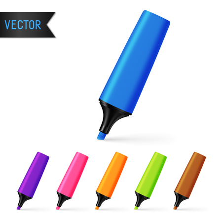 Set of Isolated Realistic Colorful Markers. School Supplies Blue, Violet, Pink, Yellow, Light, Green, Brown, Highlighters.のイラスト素材