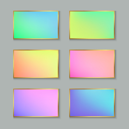 Set of Colored Pastel Gradient Cards or Banners with Stylized Gold Frame. Collection Delicate Backgrounds for Text, Stickers, Message, Flyers, Cards, Leaflet.のイラスト素材