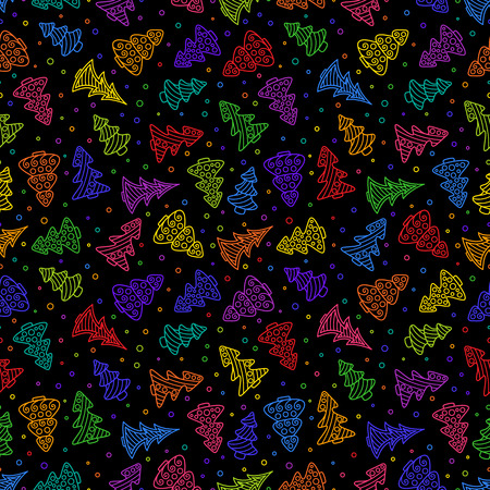 New year's Seamless Pattern of Bright Colorful Hand-drawn Outline Christmas Trees on Black Backdrop. Continuous Christmas Background for Cloth, Fabric, Textile, Tissue, Pack Paper, Wrapping Paper.のイラスト素材