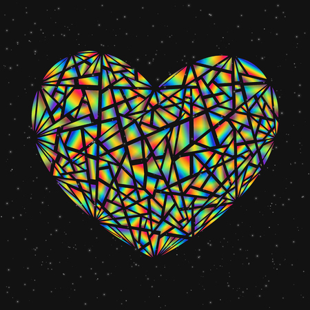 Abstract design element colorful broken heart isolated on dark background. Heart from segments with realistic holographic effect.のイラスト素材