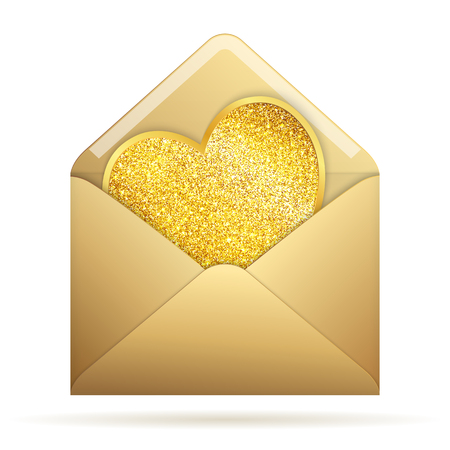 Stylized Paper Envelope with Golden Glittering Heart. Isolated Design Element Realistic Mockupのイラスト素材