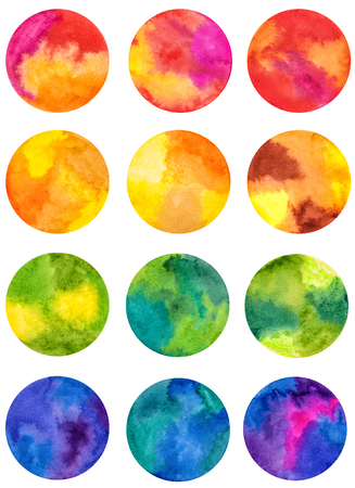 Set of Watercolor Colored Geometric Figures Circles on Wet Paper. Collection of Gradient Aquarelle Colorful Stickers of Radial Form.の写真素材