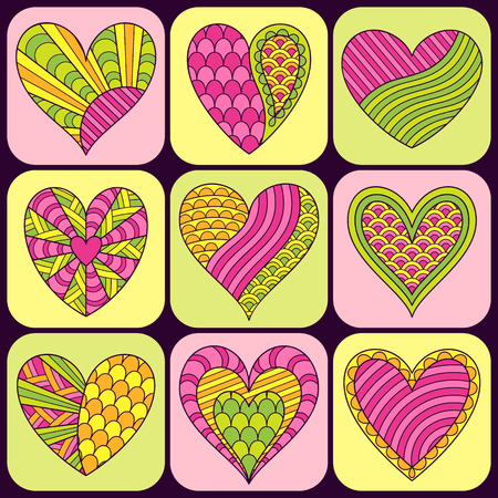 Set of Hand-drawn Doodle Symbols Ornate Green, Yellow and Pink Hearts in Squares. Icons in Flat Design Style.のイラスト素材