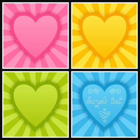 Set of Template with Bright Blue, Green, Pink and Yellow Hearts for your Postcard, Greeting Card, Invitation, Congratulation, Wish. Kit of Universal Cards for Text, Stickers, Messages, Flyers.のイラスト素材