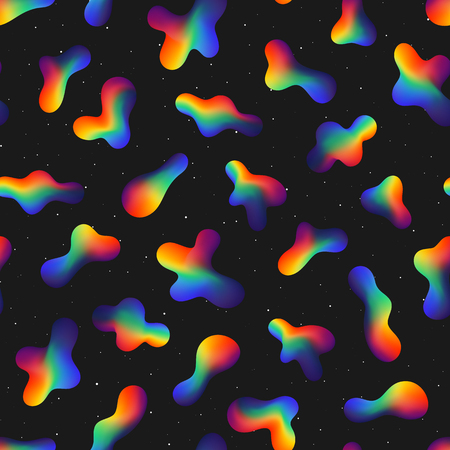 Abstract Seamless Pattern of Rainbow Gradient Formless Shapes on Dark Starry Backdrop. Retro Continuous Background of Simple Colored Forms.のイラスト素材