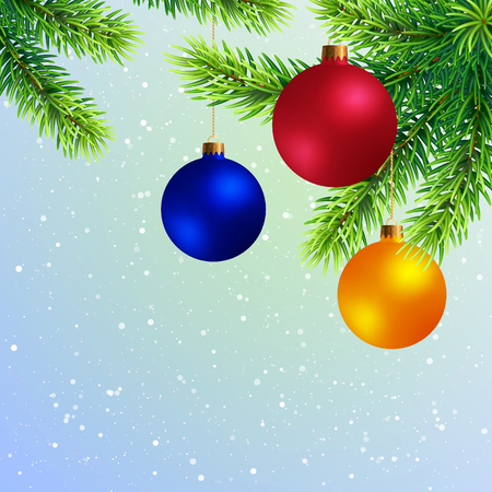 Christmas Tree Twigs with Colored Balls on Snowy Background. New Year Template with Fir Branch with Toys.のイラスト素材