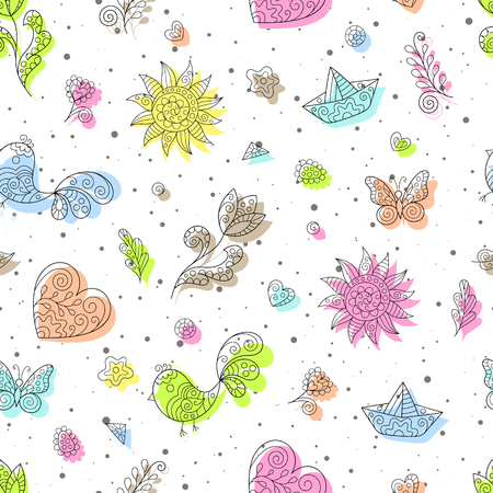 Child Seamless Pattern with Spring Contour Figures of Tender Colors on White Backdrop. Continuous Doodle Background for Cloth, Fabric, Textile, Tissue, Pack Paper, Wrapping Paper.のイラスト素材