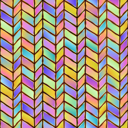 Universal Geometric Abstract Pastel Seamless Pattern of Gradient Blue, Lilac, Pink, Violet, Yellow Parallelograms with Stylized Gold Outline. Motley Continuous Background of Geometrical Figures.のイラスト素材