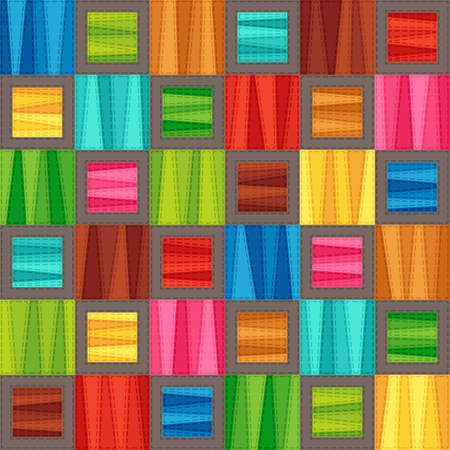 Bright Colorful Seamless Pattern of Blue, Brown, Green, Red, Pink, Turquoise, Yellow Simple Geometric Tetragonal Shapes. Stylized Patchwork. Abstract Graphic Checkered Continuous Background.のイラスト素材