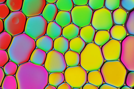 Bright Colorful Background Closeup of Oil Drops in Water. Creative Macro Photo of Liquid Surface with Gradient Colored Bubbles. Abstract Beautyful Multicolor Design of Structural Watery Surface.の写真素材