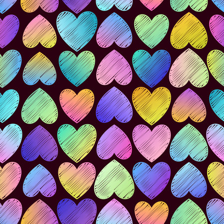 Delicate Creative Seamless Pattern of Pastel Hearts on Dark Backdrop. Continuous Romantic Background for Packaging, Pack Paper, Wrapping Paper.のイラスト素材