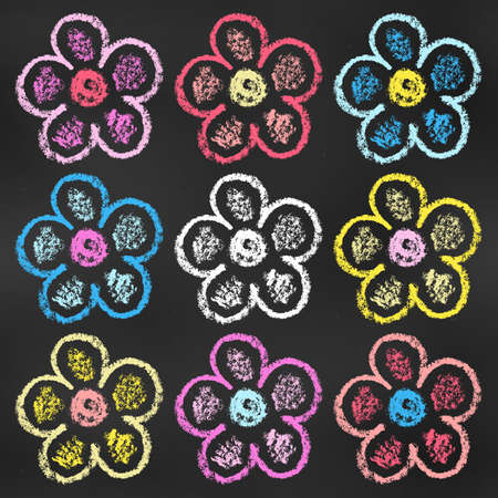 Set of Design Elements Flowers of Different Colors Isolated on Chalkboard Backdrop. Realistic Chalk Drawn Sketch. Kit of Textural Crayon Drawings of Blue, Red, Pink, Yellow Symbols Flowers on Blackboard.のイラスト素材