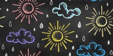 Seamless Pattern of Chalk Drawn Sketches Suns and Clouds on Chalkboard Backdrop. Textural Stylized Grunge Endless Motif. Continuous Background of Realistic Crayon-Drawn Sky on Blackboard.のイラスト素材