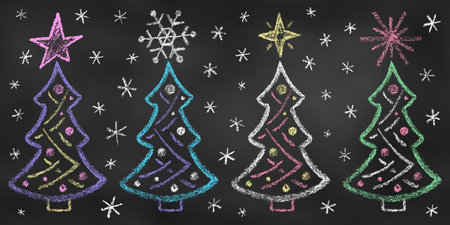 Set of Design Elements Christmas Trees of Different Colors Isolated on Chalkboard. Realistic Chalk Drawn Sketch. Kit of Textural Crayon Drawings of New Year Symbols on Blackboard.のイラスト素材