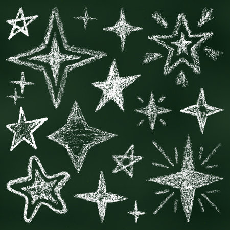 Set of Design Elements Stars on Chalkboard Backdrop. Realistic Chalk Drawn Sketch. Kit of Textural Crayon Drawings of Night Sky Symbols on Blackboard.のイラスト素材
