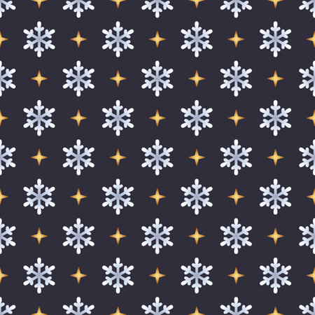 Simple Seamless Pattern of Light Snowflakes and Stars on Dark Backdrop. Christmas Continuous Background for Wrapping Paper, Pack Paper, Packaging, Fabric, Textile.のイラスト素材