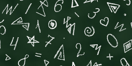 Seamless Pattern of White Chalk Drawn Sketches Numbers on Green Chalkboard. Continuous Background of Realistic Crayon-Drawn Handwriting Scribbles on Blackboard.のイラスト素材