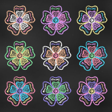 Set of Design Elements Colorful Flowers of Different Colors Isolated on Chalkboard Backdrop. Kit of Textural Crayon Drawings of Spring Symbols on Blackboard.のイラスト素材
