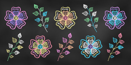 Set of Design Elements Flowers and Sprigs of Different Colors Isolated on Chalkboard Backdrop. Realistic Chalk Drawn Sketch. Kit of Textural Crayon Drawings of Spring Floral Symbols on Blackboard.のイラスト素材