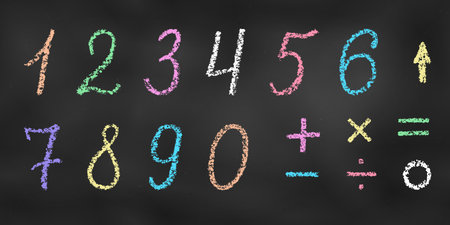 Set of Design Elements Handwritten Numbers of Different Colors Isolated on Chalkboard Backdrop....