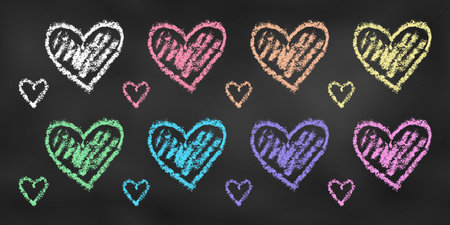Set of Design Elements Red, Orange, Yellow, Green, Blue, Violet and Yellow Hearts Isolated on Chalkboard. Realistic Chalk Drawn Sketch. Kit of Textural Crayon Drawings of Simple Shapes on Blackboard.のイラスト素材