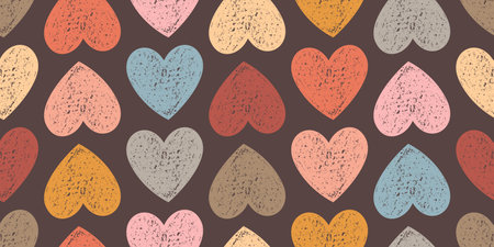 Symmetrical Seamless Pattern of Hand-Drawn Textural Colorful Hearts on Dark Background. Style of...