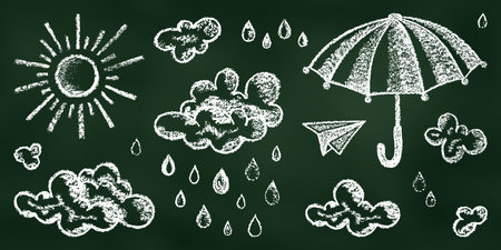 Realistic Chalk Drawn Sketch. Set of White Design Elements Sun, Clouds, Rain, Drops, Umbrella, and Paper Airplane Isolated on Chalkboard Backdrop. Kit of Textural Crayon Drawings on Blackboard.のイラスト素材