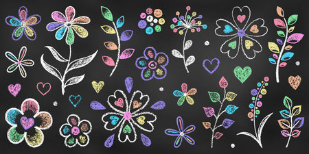 Realistic Chalk Drawn Sketch. Set of Design Elements Rainbow Flowers, Leaves, Hearts, Isolated on Chalkboard Backdrop. Kit of Crayon Drawings of Plants and Branches on Blackboard.のイラスト素材