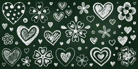 Realistic Chalk Drawn Sketch. Set of Design Elements White Hearts and Flowers Isolated on Green...
