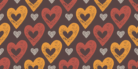 Symmetric Seamless Pattern of Hand-Drawn Red and Yellow Hearts on Brown Background. Style of Children's Drawing. Continuous Background with Romantic Symbols for Universal Application.のイラスト素材