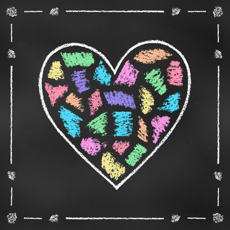 Realistic Chalk Drawn Sketch. Big Design Element Rainbow Heart from Scribbles Isolated on Chalkboard Backdrop. Textural Crayon Drawing of Romantic Symbol of Different Colors on Blackboard.のイラスト素材