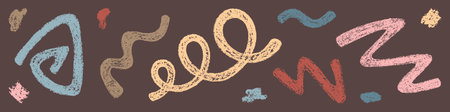 Set of Abstract Design Elements Hand-drawn Scrawls of Different Colors Isolated on Dark Brown Backdrop. Style of Children's Drawing. Kit of Textured Drawn Simple Doodles Symbols.のイラスト素材