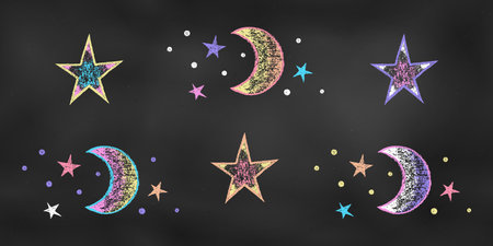 Realistic Chalk Drawn Sketch. Set of Combinations from Fragments of the Starry Sky Isolated on Chalkboard. Kit of Textural Crayon Drawings of Moons and Stars of Different Colors on Blackboard.のイラスト素材