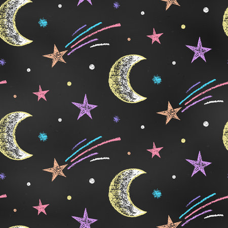 Seamless Grunge Pattern of Chalk Drawn Sketches Moons and Stars on Chalkboard Backdrop. Doodle Print. Continuous Background of Realistic Crayon-Drawn Symbols of Night Sky on Dark Blackboard.のイラスト素材
