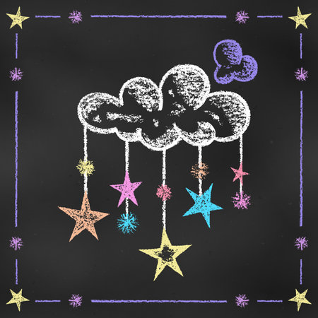 Realistic Chalk Drawn Sketch. Cute Design Element Colorful Cloud with Pendants Isolated on Chalkboard Backdrop. Textural Crayon Drawing of Cloud with Stars for Children's Stuffs and Baby's Products.のイラスト素材