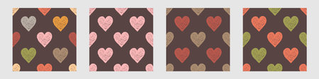 Set of Identical Symmetrical Seamless Patterns with Freehand Hearts in Different Colors. Grunge and...