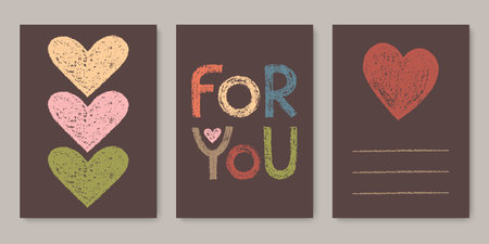 Set of Creative Vertical Cards or Banners with Handwritten Print For You, Hearts and Place for Text. Style of Children's Drawing. Vector Templates for Your Romantic Messages.のイラスト素材