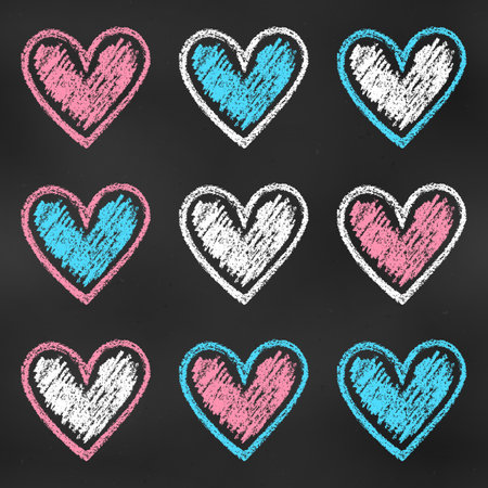 Realistic Chalk Drawn Sketch. Set of Design Elements White, Blue, Red Hearts Isolated on Chalkboard Backdrop. Kit of Textural Crayon Drawings of Simple Shapes of Different Colors on Dark Blackboard.のイラスト素材