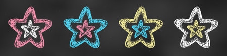 Chalk Drawn Sketch. Set of Design Elements White, Blue, Red, Yellow Stars Isolated on Chalkboard...
