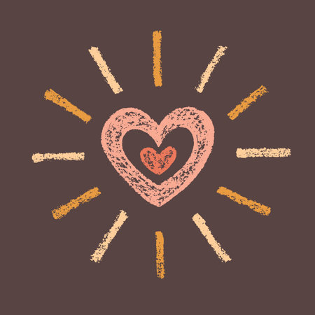 Cute Design Hand-drawn Red and Yellow Sun in Shape of Heart Isolated on Brown Background. Vintage Retro Style of Children's Drawing. Textured Freehand Drawn Simple Romantic Symbol.のイラスト素材
