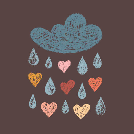Kid Cute Design Hand-drawn Colorful Cloud with Rain of Drops and Hearts Isolated on Brown Backdrop. Vintage Grunge Style of Children's Drawing. Textured Drawn Simple Shapes for Universal Application.のイラスト素材