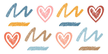 Set of Design Elements Hand-drawn Hearts and Scribbles of Different Colors. Style of Children's Drawing. Kit of Textured Drawn Simple Symbols for Design of Websites, Landing Pages.のイラスト素材
