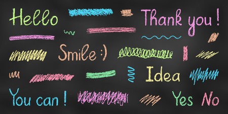 Realistic Chalk Drawn Sketch. Set of Design Elements Colorful Words and Scribbles Isolated on Chalkboard Backdrop. Kit of Vintage Textural Crayon Drawings of Scrawls of Different Colors on Blackboard.のイラスト素材