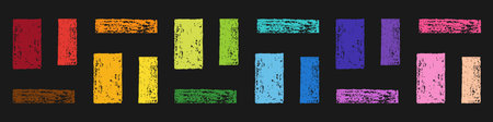 Set of Design Elements Hand-drawn Blue, Green, Orange, Red, Pink, Violet, Yellow, Brown Rectangles Isolated on Black Backdrop. Style of Children's Drawing. Kit of Textured Drawn Simple Shapes.のイラスト素材
